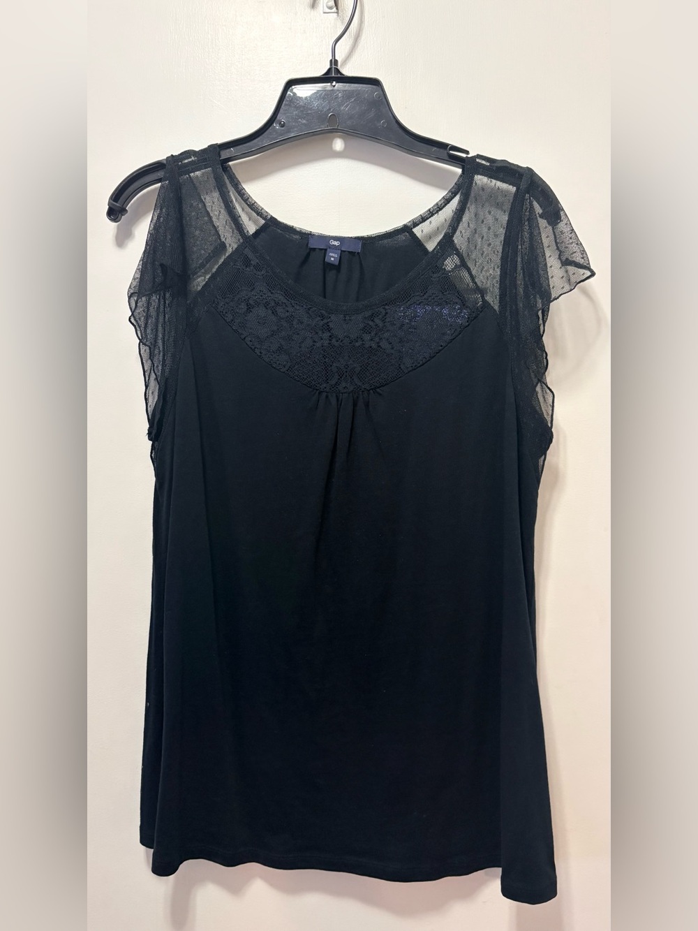 GAP - black top delicate lace and sheer dotted flutter sleeves size M